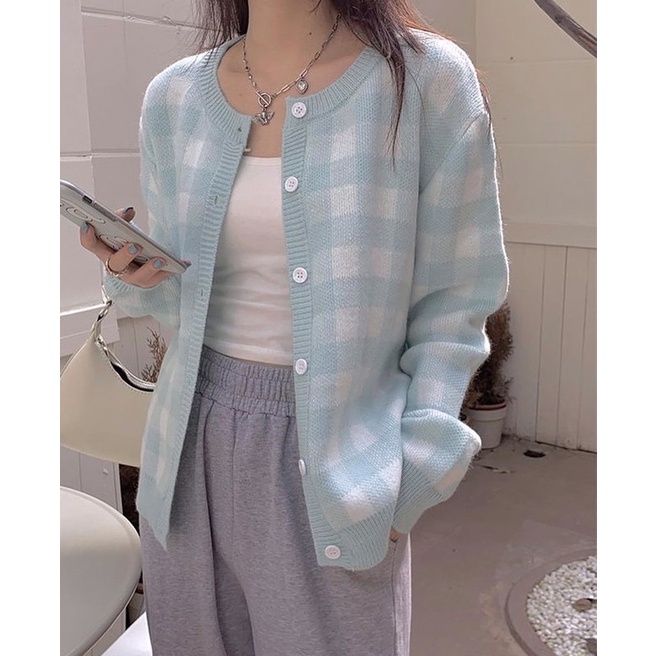 Cardigan len kẻ caro họa tiết ô vuông bàn cờ chất len mịn dày form rộng dành cho nữ Hana Store