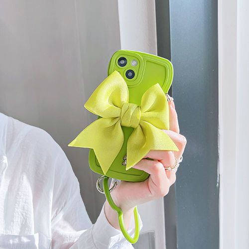 Ốp Điện Thoại Viền Gợn Sóng Ba Chiều Màu Xanh Lá Đính Nơ Có Vòng Đeo Tay Cho Iphone 14promax 11