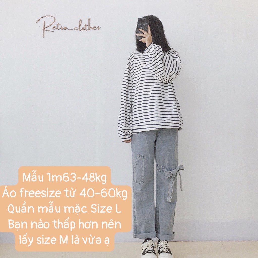 🍂 [Ảnh thật/Tự chụp] Áo kẻ ngang nữ form rộng tay dài basic phong cách Hàn xẻng | BigBuy360 - bigbuy360.vn