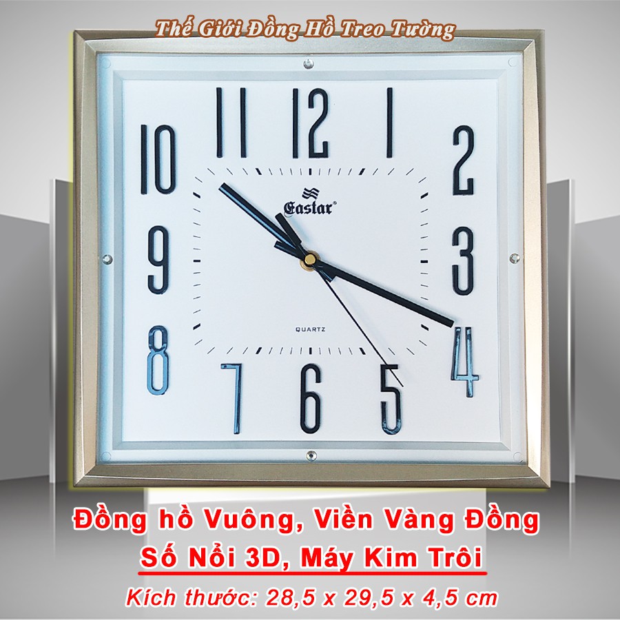 Đồng Hồ Treo Tường KIM TRÔI EASTAR Cao Cấp Vuông Viền Kim Tự Tháp – Số nổi 3D – Tặng Pin Maxell - Bảo Hành 1 Năm