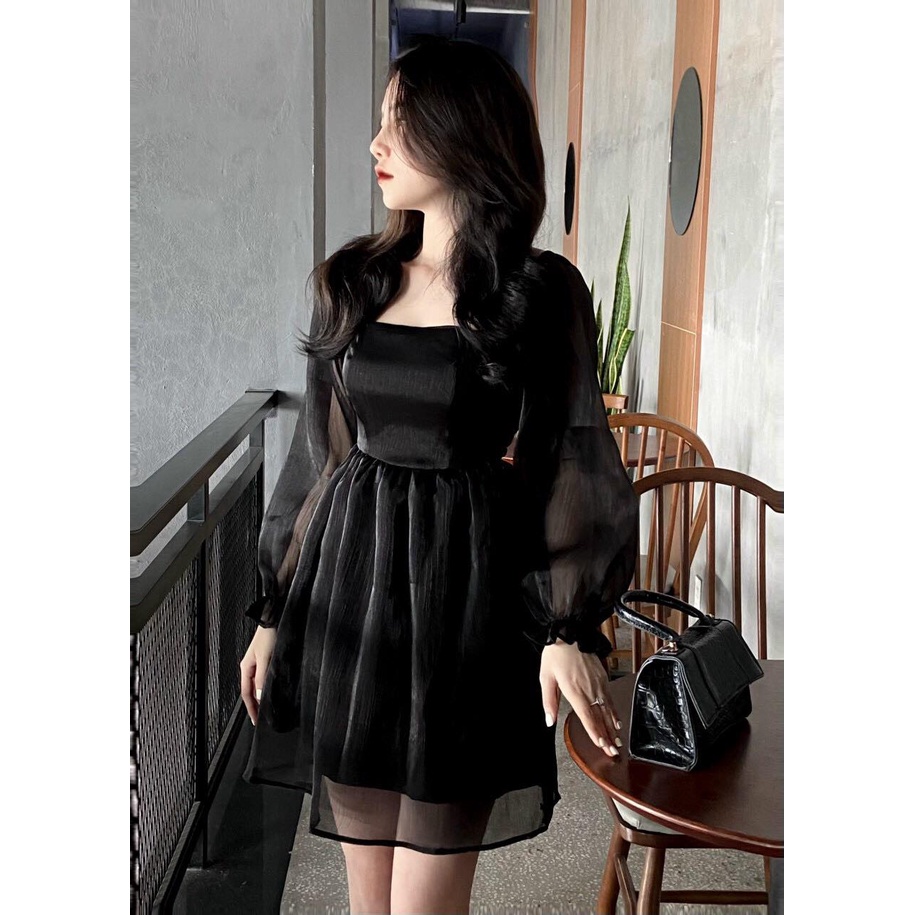 Đầm Xòe Tay Dài Trơn Phối Nhún Lưng