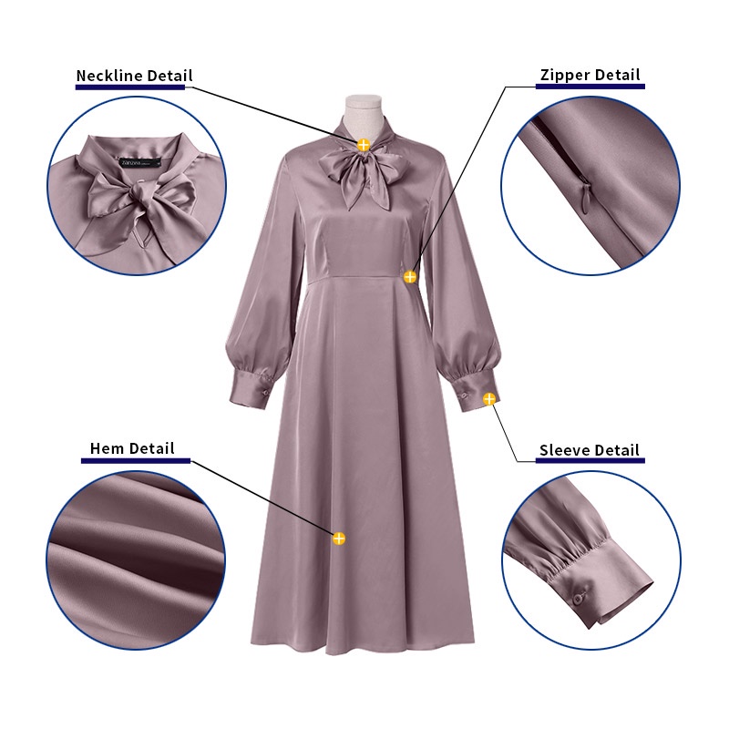 Đầm satin ZANZEA dài xoè eo cao buộc dây cổ đứng