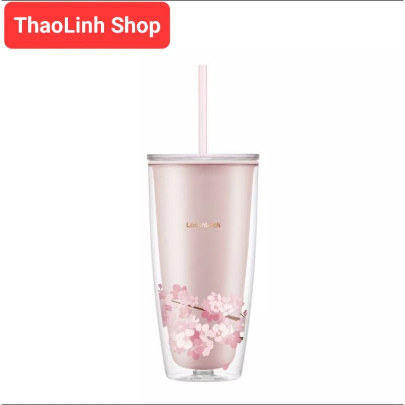 Ly Nhựa 2 Lớp Lock&Lock Double Wall Cold Cup Cherry Blossom kèm ống hút 750ml HAP509