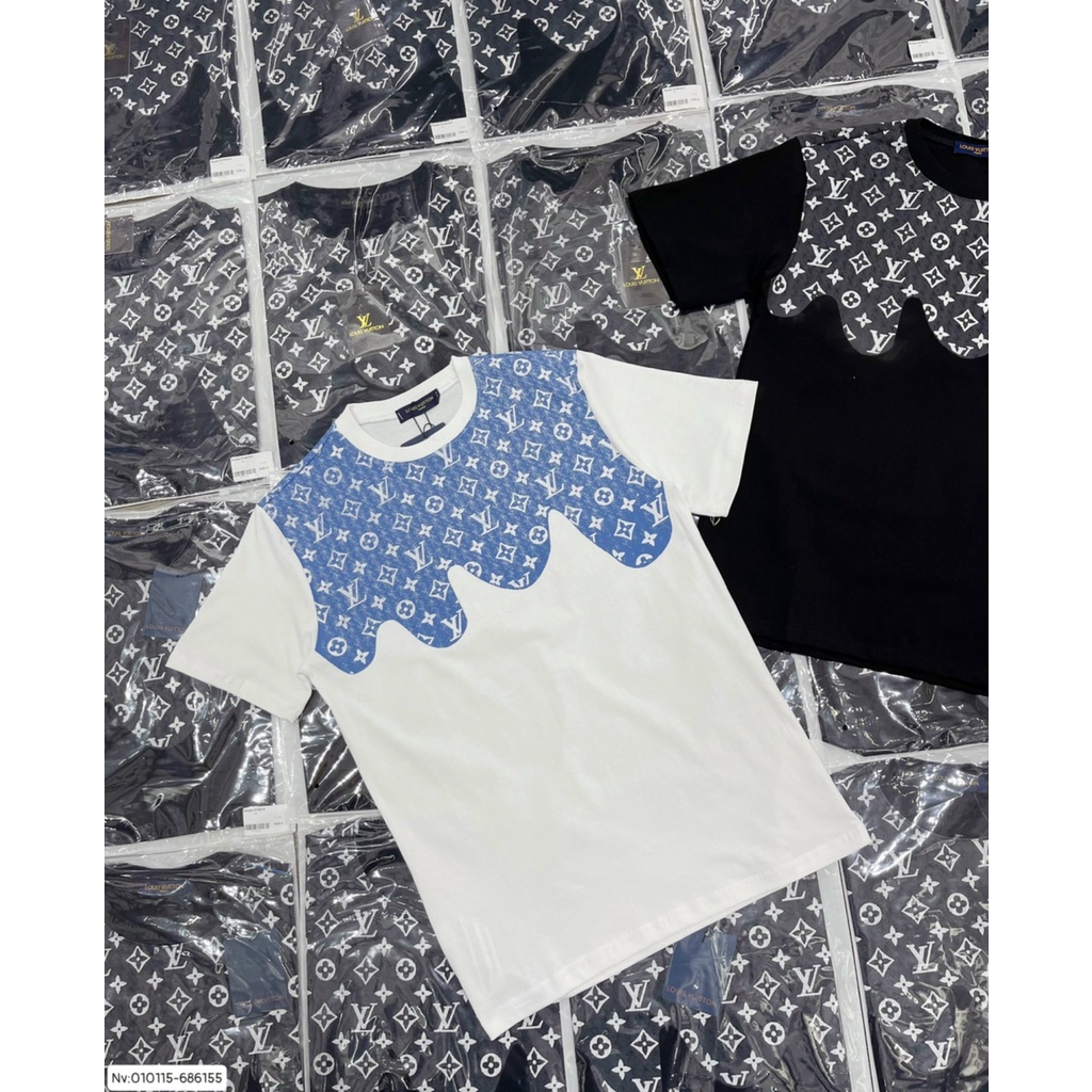 Áo thun tay lỡ LV phối vai họa tiết BIGOMALL - Áo phông nam nữ unisex freesize form rộng 65kg chất cotton