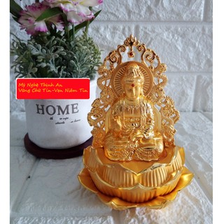 Tượng phật bà quan âm để xe hơi hai mặt tọa đài sen vàng ánh kim QAAK01