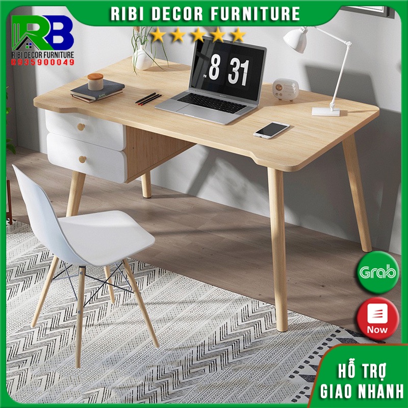 Bàn làm việc có ngăn kéo chân gỗ tự nhiên mặt bàn bo cạnh cong phong cách Bắc Âu BLV021