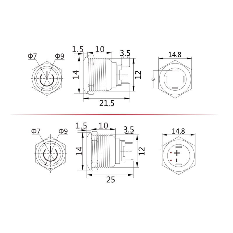 Nút nhấn kim loại 12mm có đèn, chống nước IP67