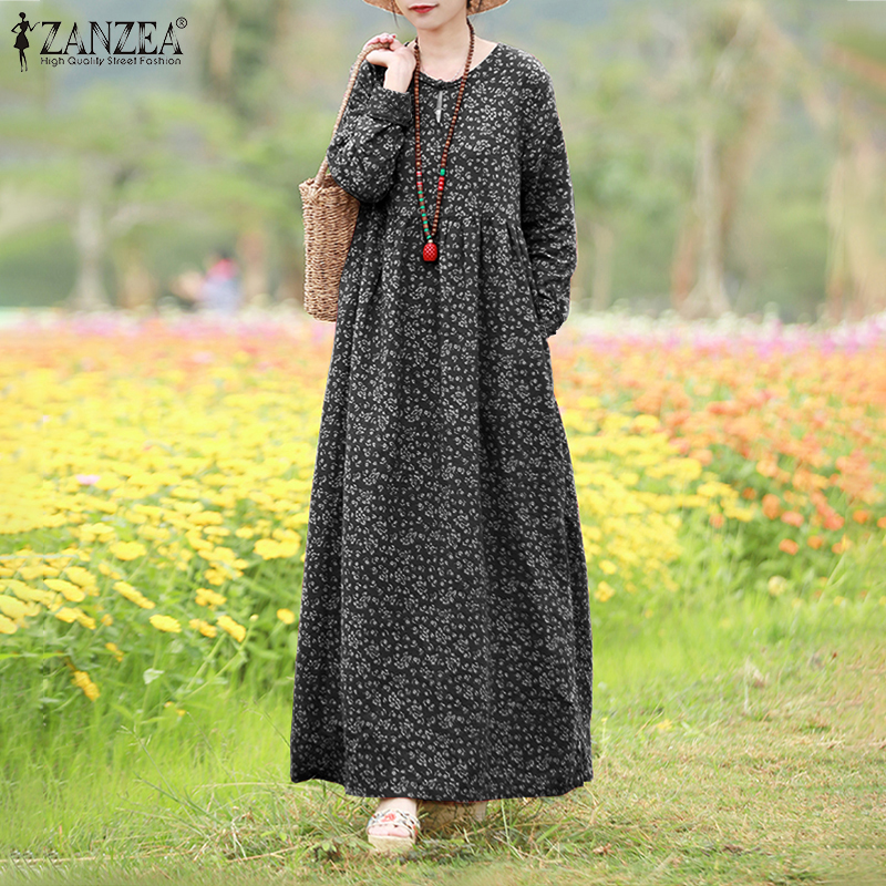 Đầm Maxi ZANZEA Tay Dài Họa Tiết Hoa Phong Cách Vintage Thời Trang Nữ