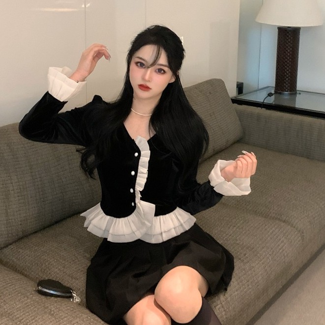 Áo cardigan tay áo cánh hoa / váy lưng cao xếp ly [bán riêng lẻ]