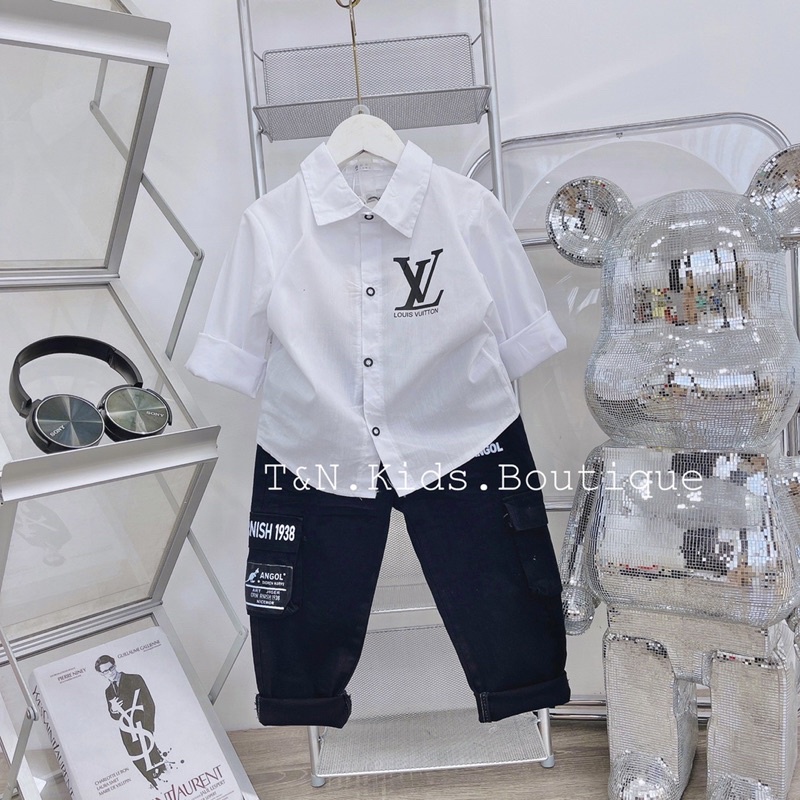 (jean baby ) sét bộ áo sơ mi phối quần kaki cho bé (10-23kg)
