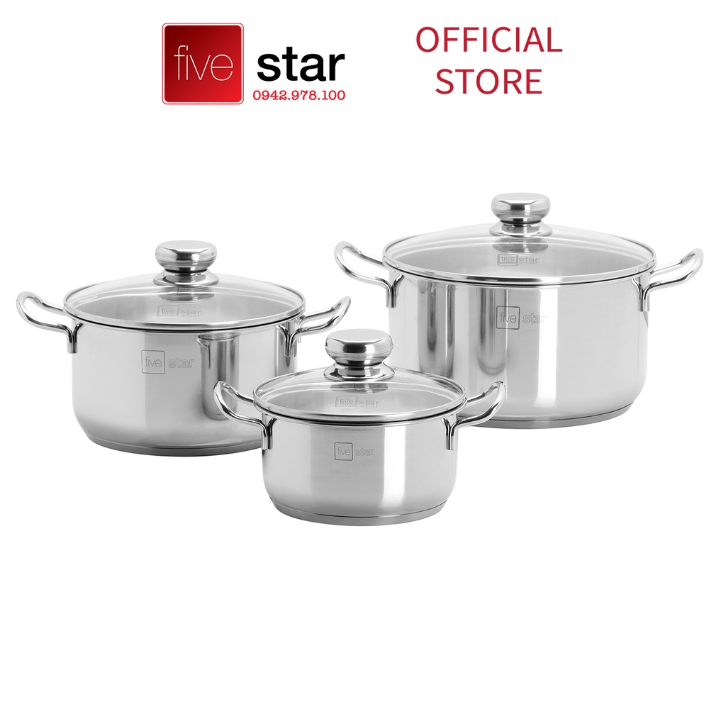 Bộ nồi xửng hấp 3 đáy inox 430 cao cấp Fivestar Standard 4 món nắp kính tặng 10 muỗng ăn ( N16 x N20 x N24 x X24cm )