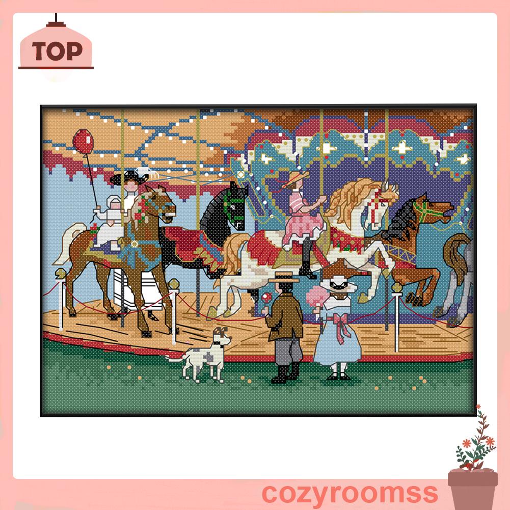 cozyroomss Full Cross Stitch Eco-cotton Thread 14CT DIY Printed Carousel Two Craft Kit