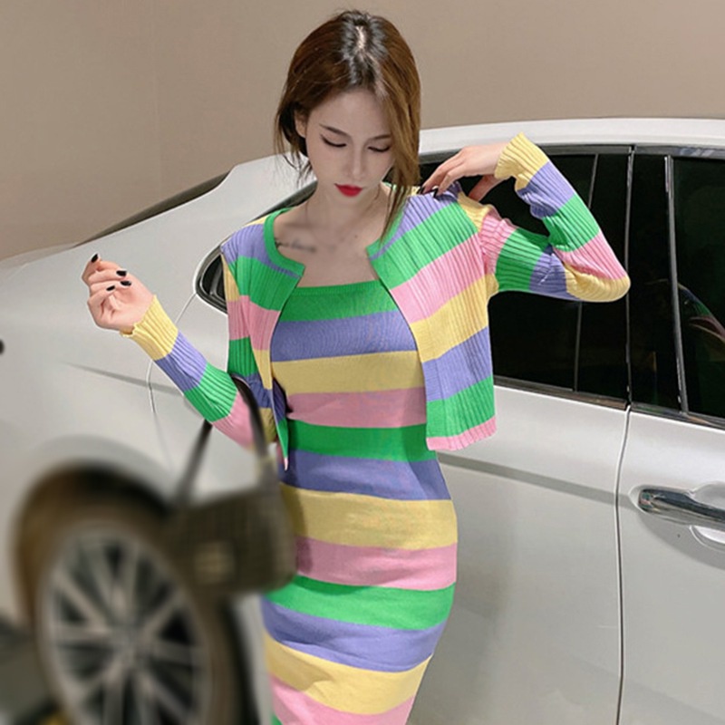 Set Áo Cardigan Dệt Kim Kẻ Sọc Nhiều Màu Dáng Ôm Tay Dài Phong Cách Hàn Quốc Cho Nữ