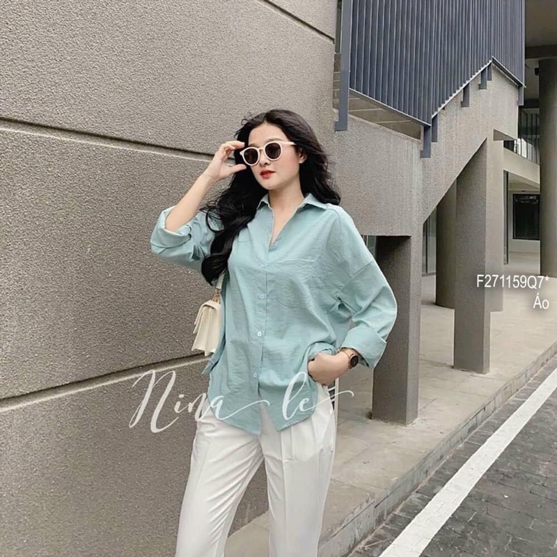 Áo Sơ Mi Oversize Chất Đũi Tơ Loại 1 Màu Xanh Nhạt