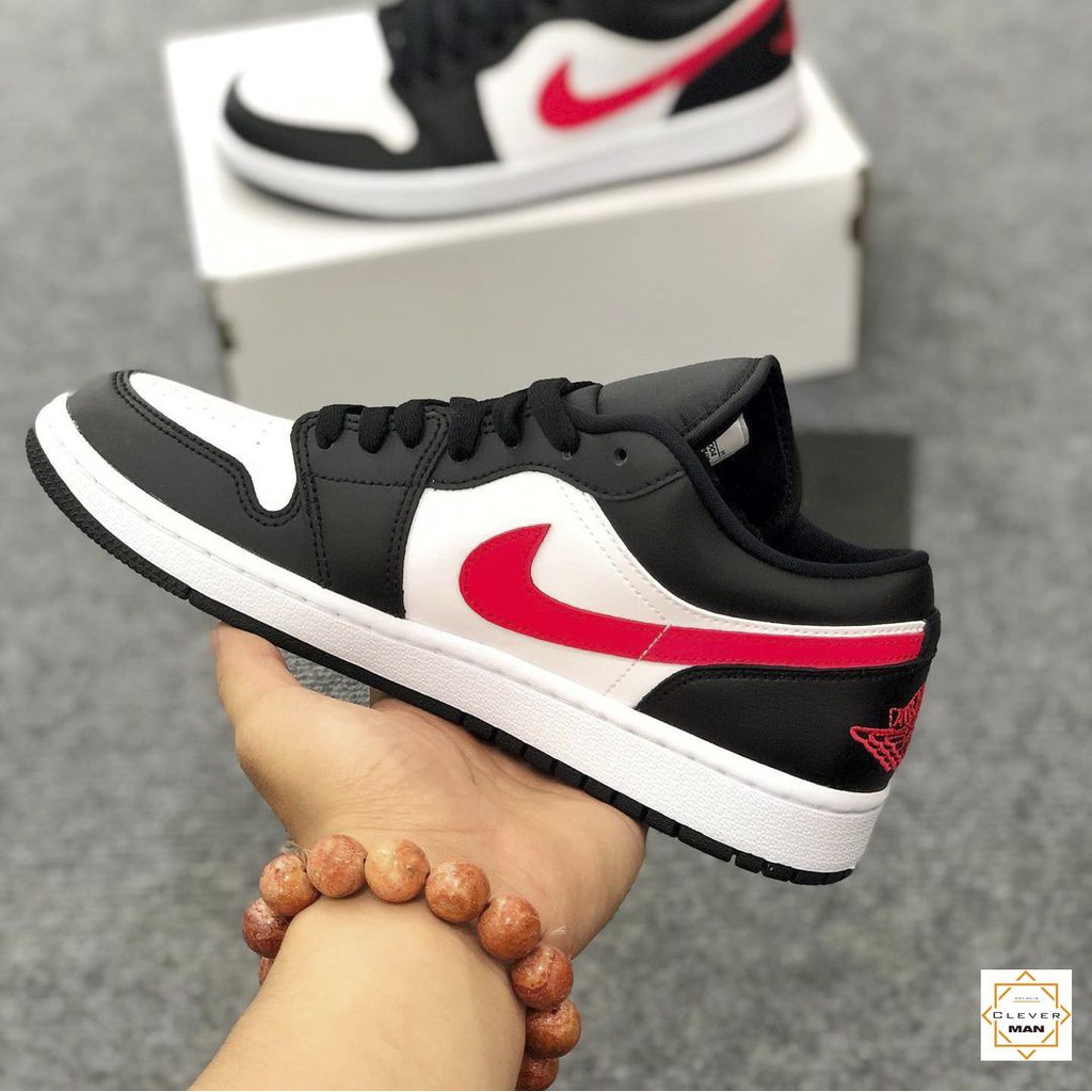 (FREESHIP+HỘP) Giày thể thao Sneakers AIR JORDAN 1 Low Siren Red Màu đen logo đỏ mũi trắng cổ thấp