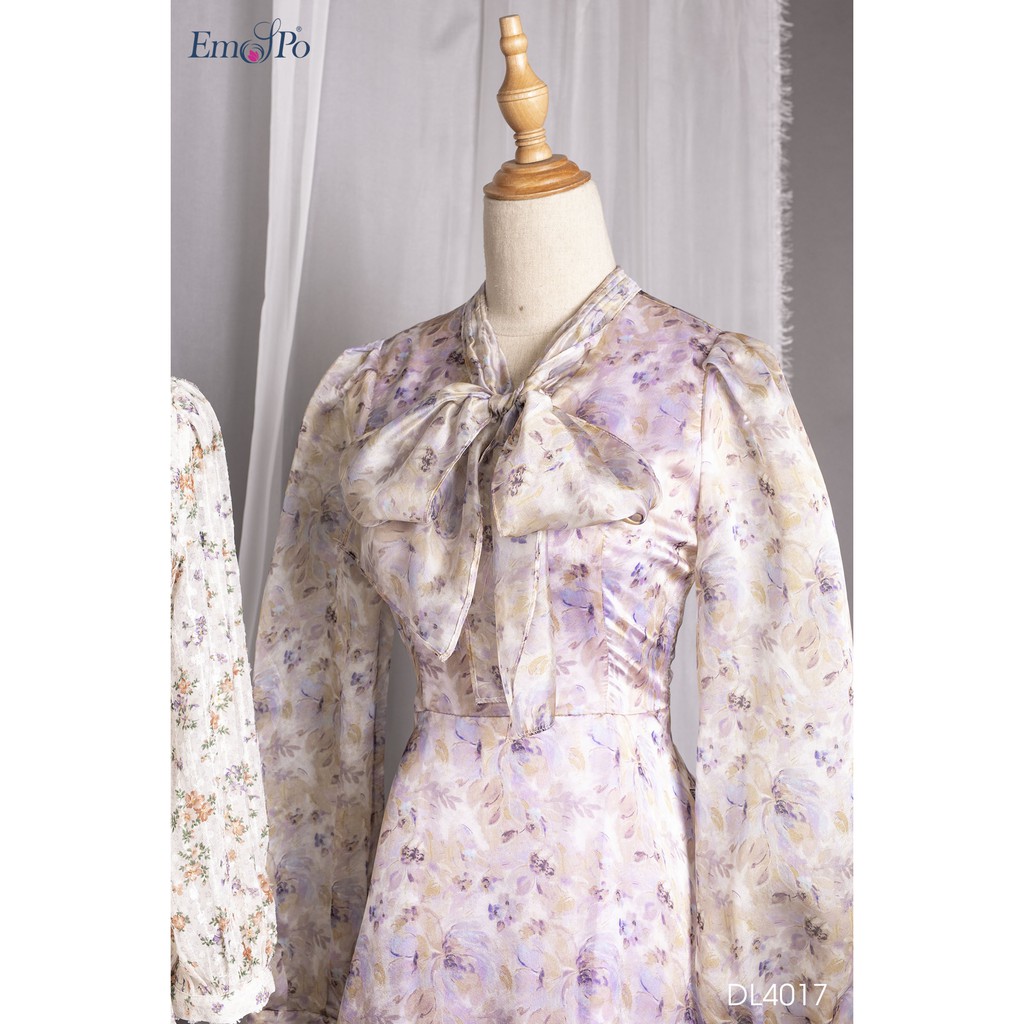 Đầm xòe cổ tim , cổ thắt nơ, tay bồng EMPSO DL4017