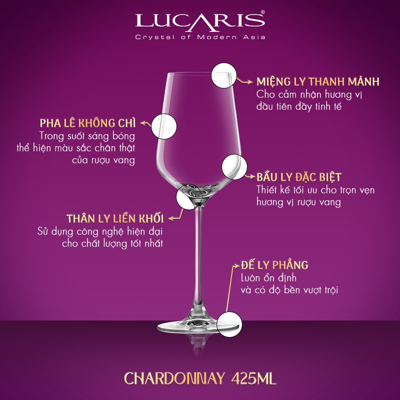 Bộ 6 Ly Uống Rượu Vang Trắng Pha Lê Cao Cấp Lucaris Chardonnay 425ml Nhập Khẩu Chính Hãng Không Chì - Hongkong S04CD15