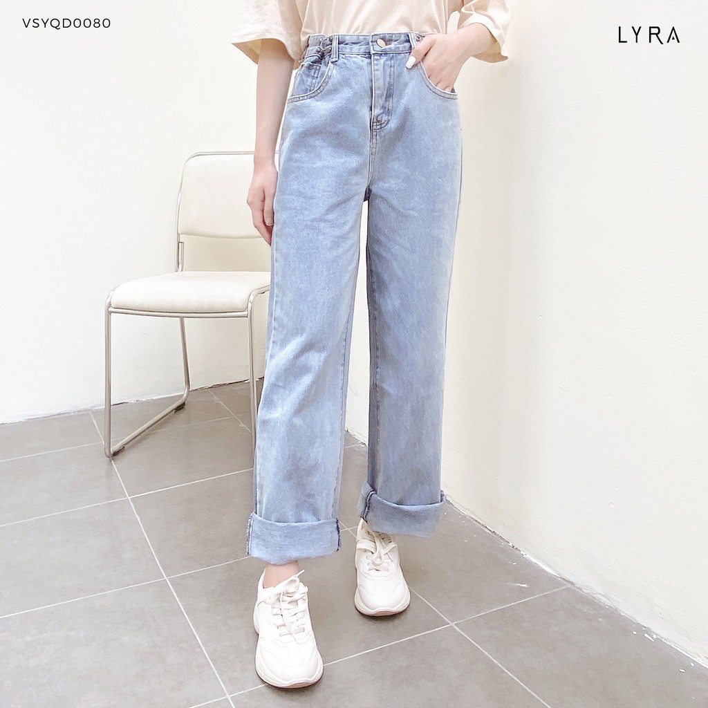 Quần jean nữ ống suông có khuy bóp eo LYRA, bò ống rộng cạp cao thời trang phong cách Hàn Quốc-VSYQD0080