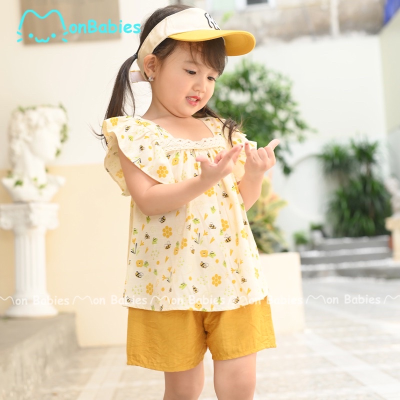 Quần áo bé gái 1-6 tuổi MonBabies VL75 chất đũi tằm cổ vuông phối họa tiết ong vàng