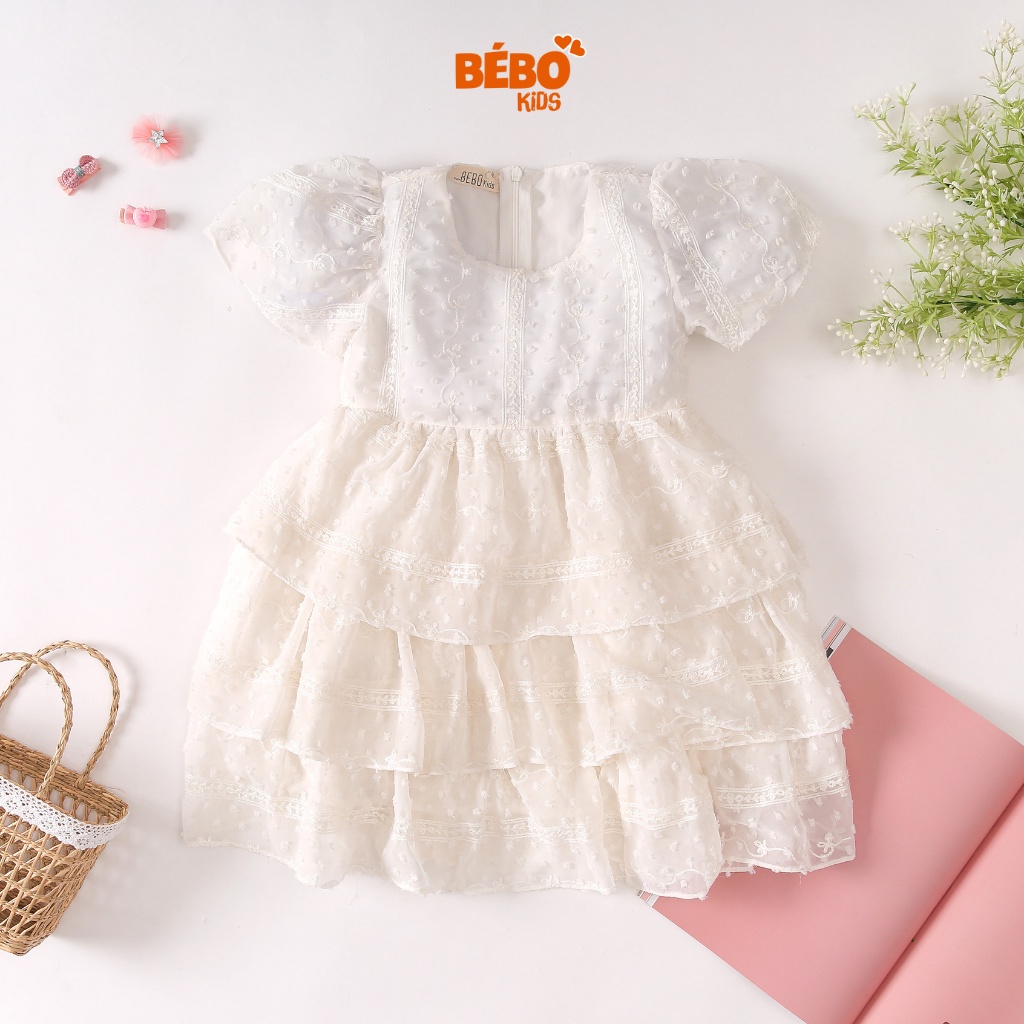 Váy đầm công chúa bé gái BEBOKIDS V06 chất kiệu tơ ren thiết kế 3 tầng nơ sau đáng yêu từ 2-9 tuổi