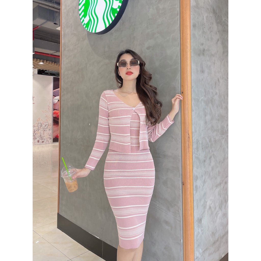 Set Áo khoác + Đầm 2 dây trẻ trung chỉ mịn cao cấp Paola DS01