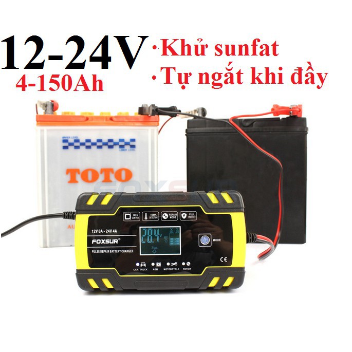 sac binh ac quy-Sạc binh ắc quy 12V-24V/8A 4-150ah có khử sunfat phục hồi bình dùng cho cả bình khô và nước từ 4Ah-150Ah