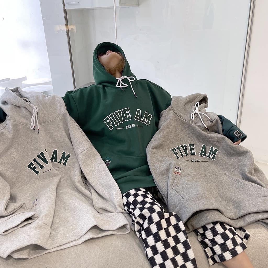 Áo Hoodie Five Am Tay Chuông Unisex -Nỉ form rộng kiểu dáng bồng in chữ basic đường phố hàn quốc