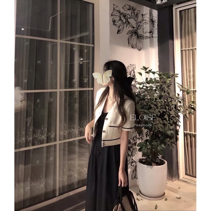 Áo tweed croptop ngắn tay cổ V - Tweed cộc tay tiểu thư