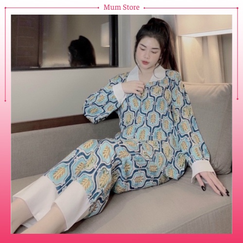 Bộ ngủ Pijama cổ sen tròn, đồ bộ mặc nhà dài họa tiết chất liệu lụa mago freesize