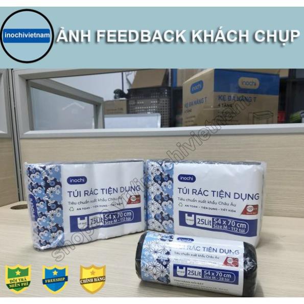 Lô 4 cuộn túi rác INOCHI tiện dụng 25L màu đen, túi có quai xách chắc chắn, chất liệu nhựa dai khó rách