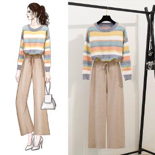Bộ Áo Sweater Dệt Kim Cổ Tròn Kẻ Sọc Cầu Vồng Phối Quần Ống Rộng Trẻ Trung