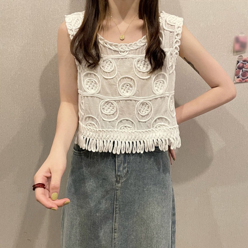 Áo Croptop Dệt Kim Không Tay Họa Tiết Hình Học Phối Tua Rua Phong Cách Boho Thời Trang Mùa Hè Cho Nữ