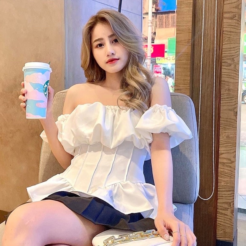 Áo Trễ Vai Thô Tay Phồng Xếp Ly Eo Thời Trang