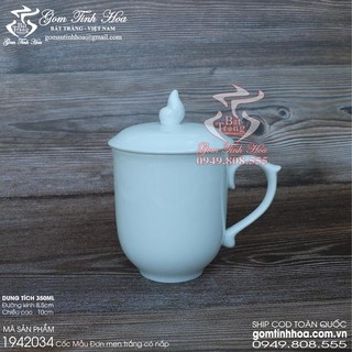 Cốc sứ có nắp men trắng dáng cốc Mẫu Đơn