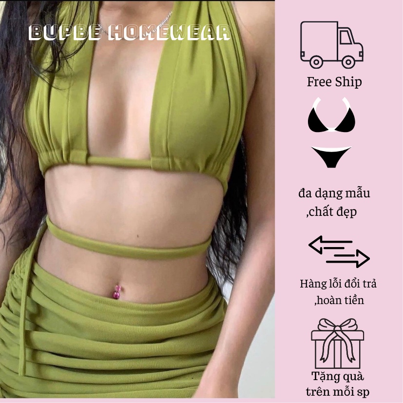 Đồ bơi nữ, BUPBE HOMEWEAR, bikini kèm váy chất len tăm màu bơ, xanh navy,hồng đào, áo choàng đi biển, swimsuit,swimwear