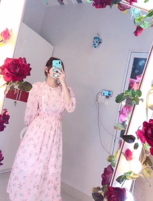 Đầm hoa nhí tay phồng tiểu thư viền ren