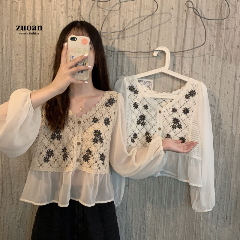 SUXI Áo sơ mi voan cổ tim thêu họa tiết hoa cúc thanh lịch thời trang cho nữ