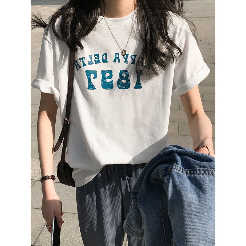 Áo Thun Ngắn Tay Cổ Tròn In Chữ Đơn Giản Phong Cách Hàn Quốc Cho Nữ