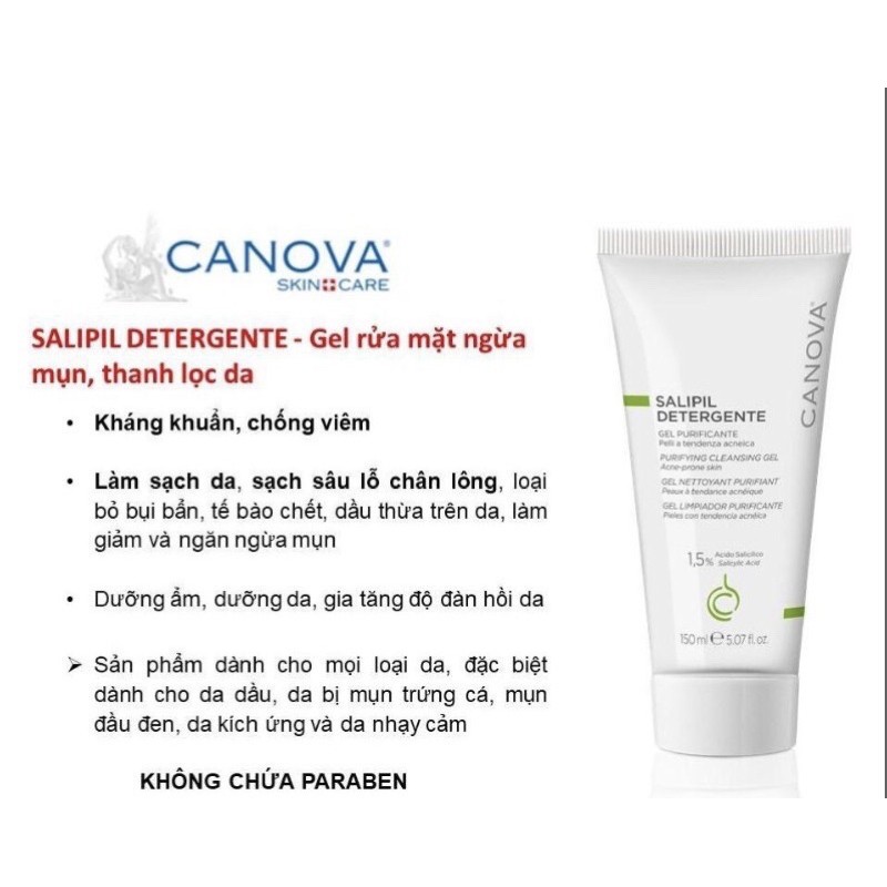 [CHÍNH HÃNG CÓ TEM] CANOVA Salipil Detergente 1,5% 150mL - Gel Rửa Mặt Ngừa Mụn, Thanh Lọc Da (150ml)