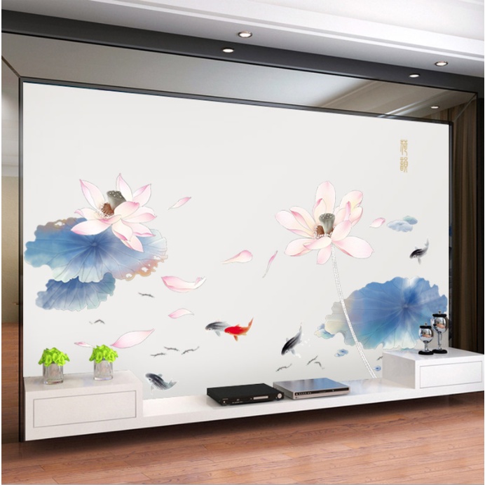 Decal dán tường trang trí - CÁ SEN HỒNG ĐÀI XANH TAO NHÃ