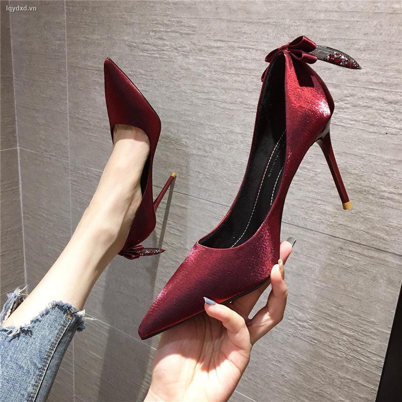 Giày cao gót mũi nhọn chất satin dễ phối đồ thời trang mùa thu 2020 cho nữ