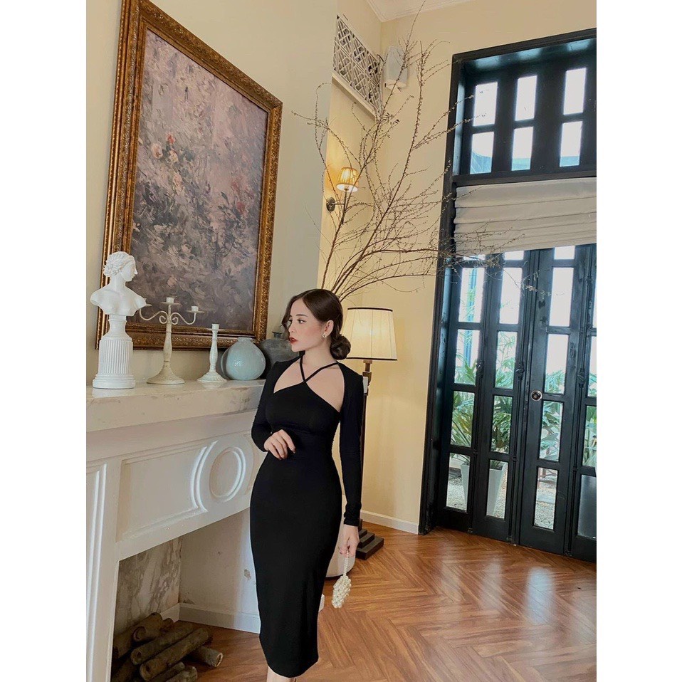 Đầm body midi dài gân kèm áo khoác ngắn chất gân hot