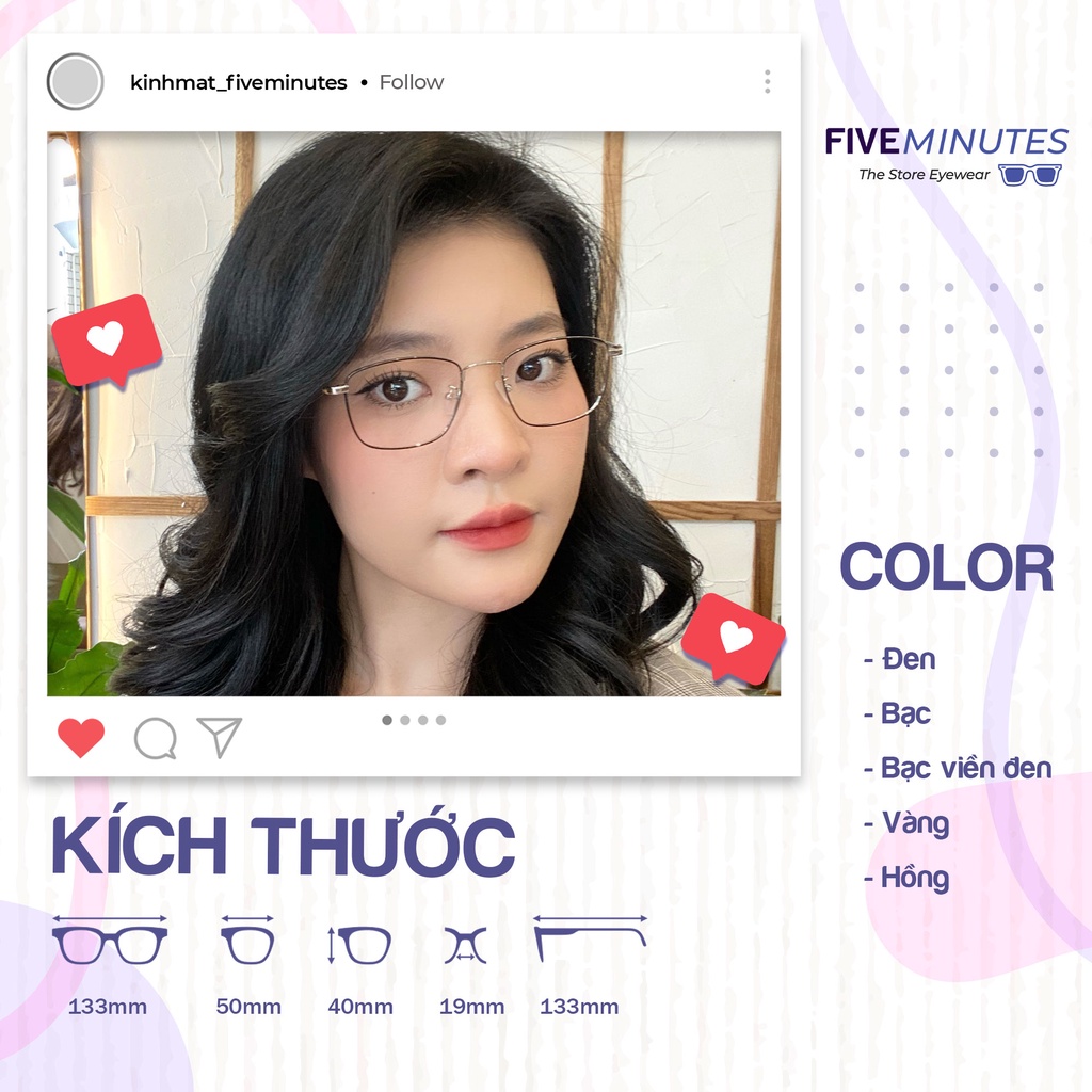 Gọng kính nam nữ, kim loại mảnh nhẹ dáng vuông bầu 8818 Siêu hot 2022 - Five Minutes Eyewear