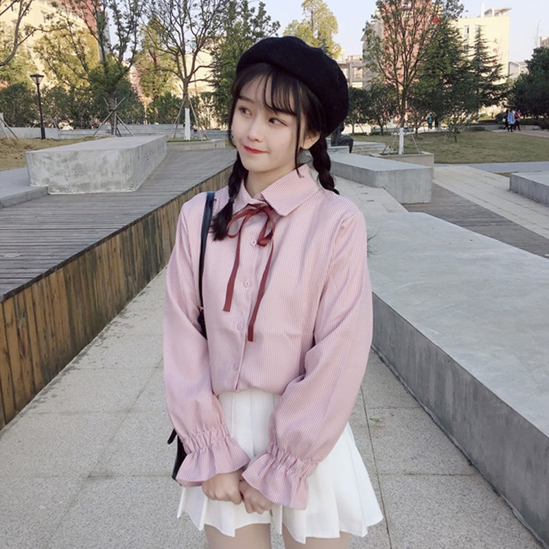 áo sơ mi ulzzang sơ mi nữ trắng áo kiểu dáng Hàn Quốc sơ mi sọc tay bồng thắt nơ