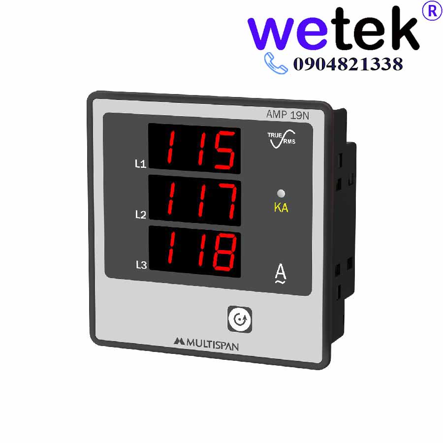 Mutltispan AMP-19N, Đồng hồ đo Dòng (A) 3 pha, hiển thị LED đồng thời, gắn mặt cánh tủ, cấp chính xác 0.5