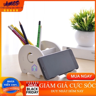 Hộp đựng bút có khay để điện thoại [LOAI CAO CẤP] bằng gỗ hình con voi để bàn văn phòng làm việc, bàn học sinh