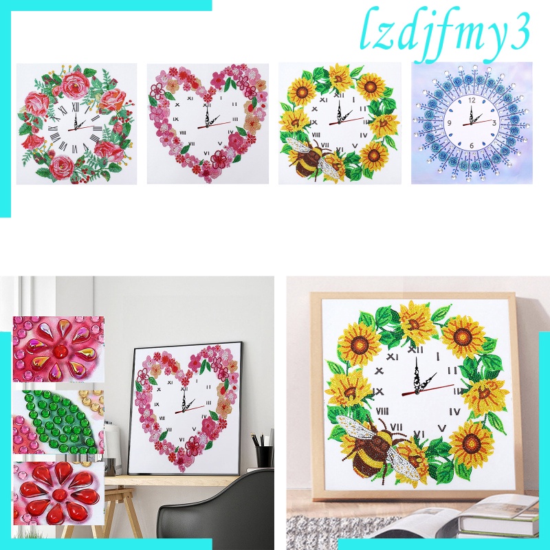 Bộ tranh đính đá đồng hồ tự làm hình hoa treo tường trang trí ấm áp