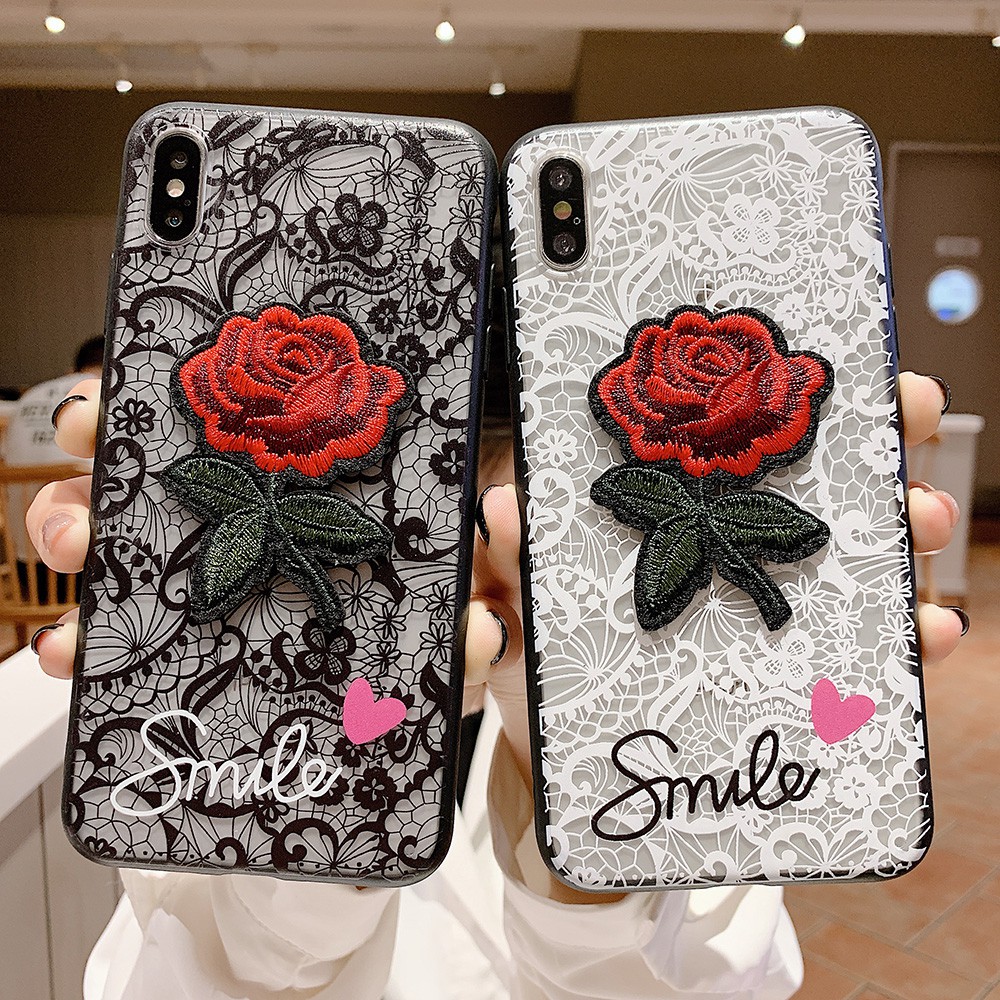 Vỏ điện thoại hoa văn ren trong suốt với hoa hồng Samsung Galaxy A9 Star Pro J8 A7 2018 A9S J6 Plus J4 J5 J7 Prime A8S Transparent Lace Pattern Rigid Phone Case Mobile Back Cover With Rose Flower