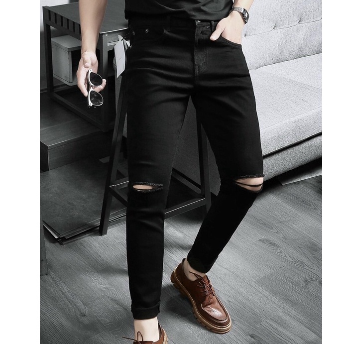 Quần jean nam rách gối màu đen chất bò cực đẹp rin trơn from dáng skinny đẹp nhiều mẫu mới.