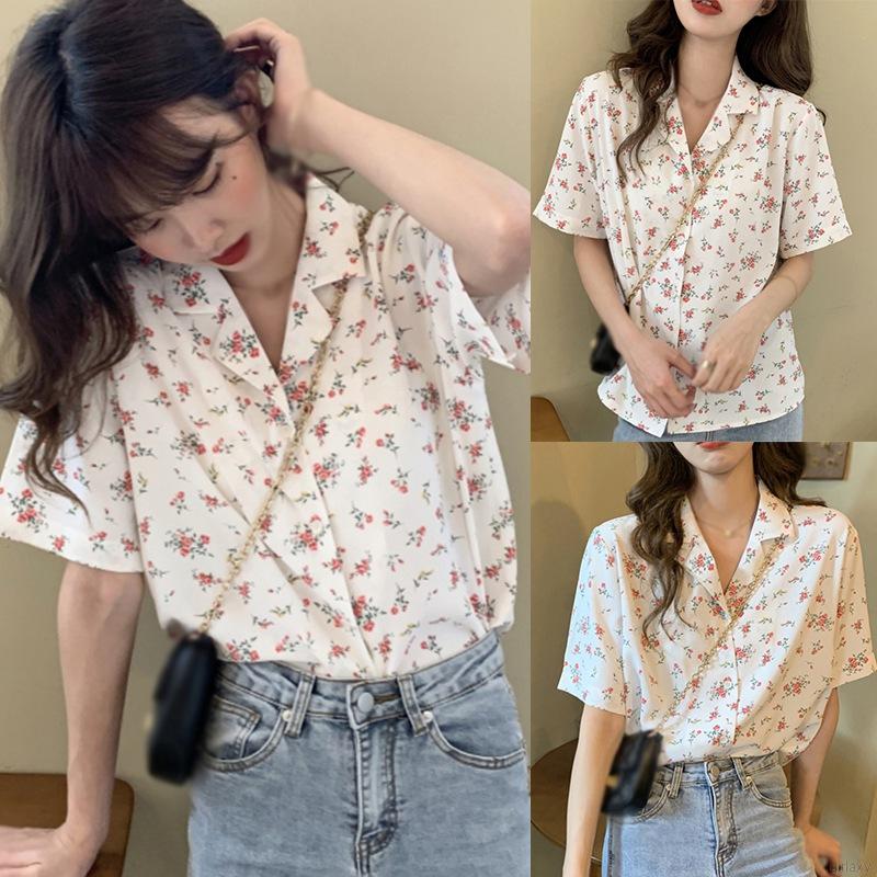 Áo Sơ Mi Nữ Tay Ngắn Họa Tiết Hoa Phong Cách Retro Hàn Quốc